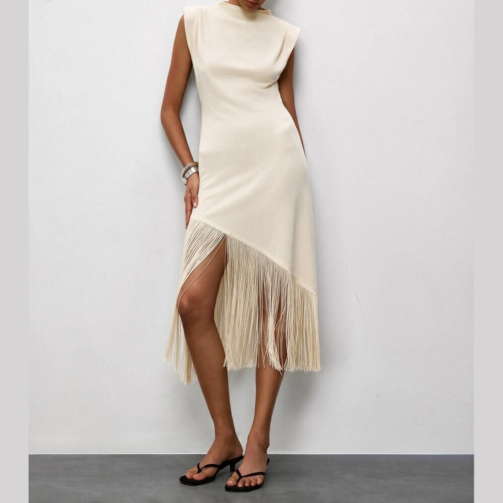 Cream Knit Stand Collar Sleeveless Fringe Hem Midi Dress